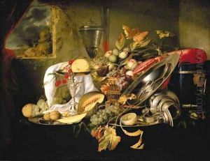 A silver tazza and a basket laden with fruit, silver platters with fruit and a partly peeled lemon, an overturned silver flagon
