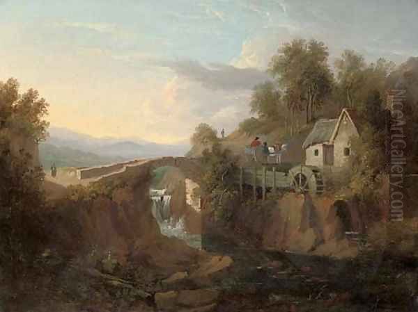A wooded hilly river landscape with a watermill, and figures and a horse and cart beyond - view 1