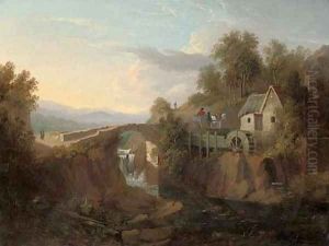 A wooded hilly river landscape with a watermill, and figures and a horse and cart beyond by John Harrington-Bird