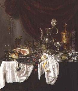 Still life with a ham overturned nautilus cup and oysters on a draped table by G.W. & Ring, P. de Heda