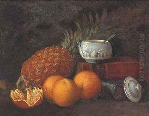 Still life of a pineapple, Wedgewood pot and oranges, with books to the side