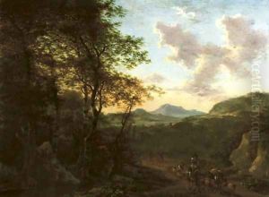 An Italianate wooded landscape with a peasant on his mule driving sheep on a track, a river and mountains beyond by Willem de Heusch