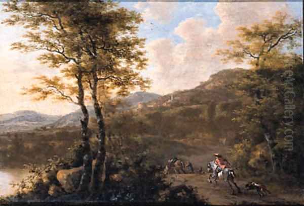 A sportsman and a muleteer on a road, in an Italianate landscape - view 1