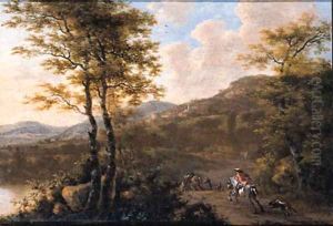 A sportsman and a muleteer on a road, in an Italianate landscape by Willem de Heusch