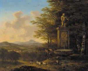 An extensive landscape with a shepherd and his flock at a fountain by Willem de Heusch