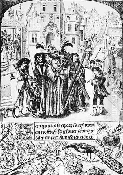 Fabled Origin of the Burgundy Cross Etienne a legendary King of Burgundy makes a pilgrimage to St Victor of Marseilles to whom he has carried the Cross of St Andrew out of gratitude to St Mary Magdalene who had raised him and his mother - view 1
