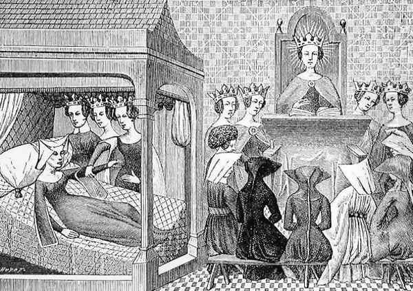 The Three Virtues Reason Uprightness and Justice urge Christina de Pisan c1364-1410 to write a Book of Ethics for the Instruction of Ladies - view 1