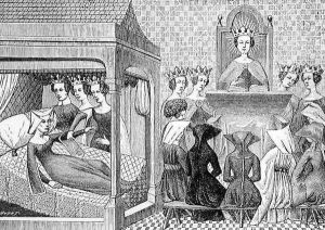 The Three Virtues Reason Uprightness and Justice urge Christina de Pisan c1364-1410 to write a Book of Ethics for the Instruction of Ladies by Huyot, Jean Georges