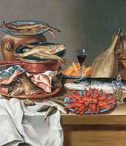 A Still Life of a Fish Trout and Baby Lobsters by Anton Friedrich Harms