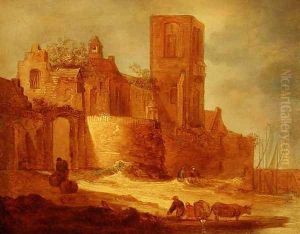 A ruined abbey by a waterway with peasants and cattle in the foreground