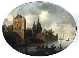 A fortified town on a river, with fishermen in a rowing boat, on a cloudy day by Frans de Hulst