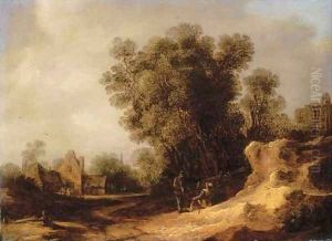 A landscape with peasants resting on a bank, a village beyond by Frans de Hulst
