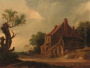 A roadside inn in a wooded landscape by Frans de Hulst