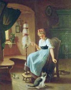 Girl at a Spinning Wheel by H Harcourt