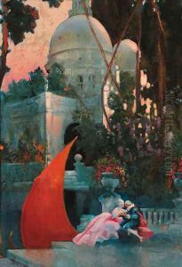 A courting couple in a garden, the S. Maria della Salute beyond by Hal Hurst