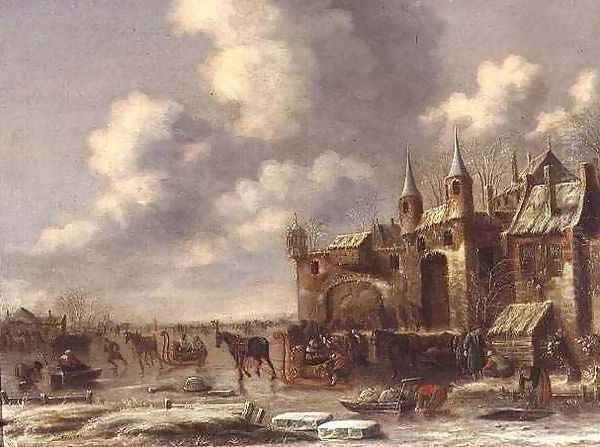 Townsfolk on the ice by a town gate - view 1
