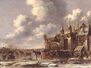 Townsfolk on the ice by a town gate by Thomas Heeremans