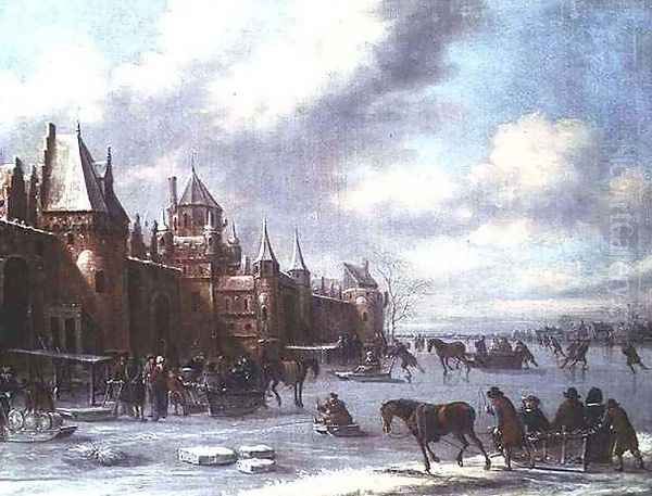 Dutch estuary scene with figures skating and a castle beyond - view 1