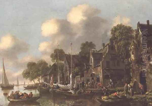 A river landscape with boats and figures by a tavern - view 1