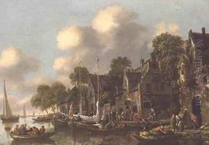 A river landscape with boats and figures by a tavern by Thomas Heeremans