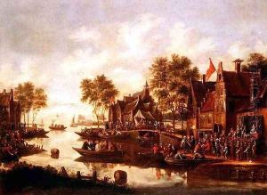 A village kermesse with players on a stage by an inn and men drinking in boats
