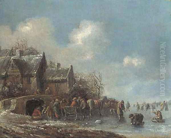 A winter landscape with villagers on a frozen lake - view 1