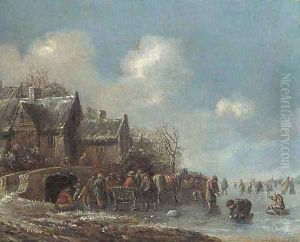 A winter landscape with villagers on a frozen lake by Thomas Heeremans
