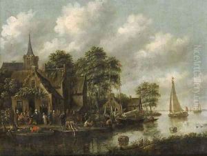 An inn by a river with moored sailing vessels and a washerwoman on a jetty by Thomas Heeremans
