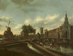 The 'Haarlemmer Poort' in Amsterdam with figures on a road and in boats by Thomas Heeremans