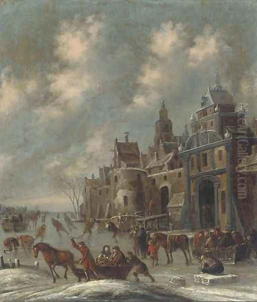 A winter landscape with skaters by a walled town by Thomas Heeremans