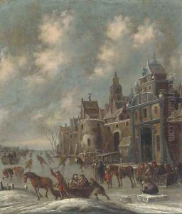 A winter landscape with skaters by a walled town by Thomas Heeremans