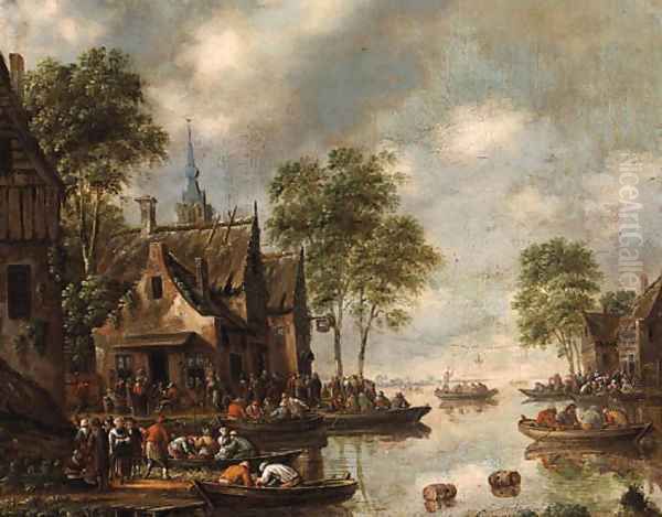 Figures before the Swan Inn on the Banks of a River - view 1