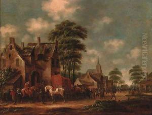 A coaching party halting in a village street