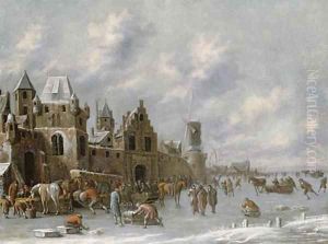 Figures on a frozen canal by a walled town