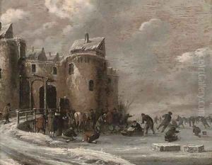 A frozen winter landscape with skaters by a fortified town gate