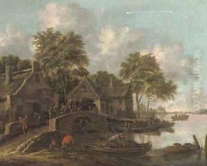 A river landscape with fishermen bringing in their catch and villagers conversing on a bridge by Thomas Heeremans