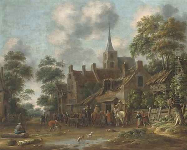 A town with horseman and other figures drinking outside an inn - view 1