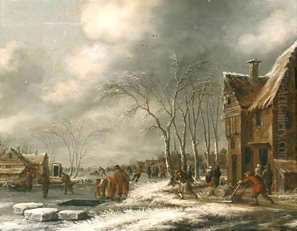 A Winter Landscape with Villagers on a frozen Waterway - view 1