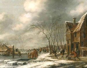 A Winter Landscape with Villagers on a frozen Waterway by Thomas Heeremans