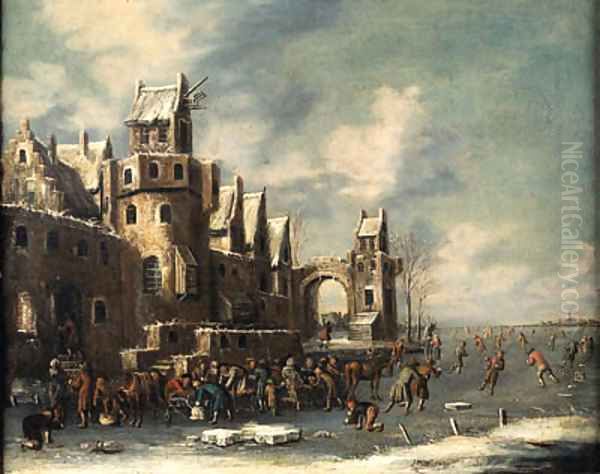A winter landscape, with skaters and horse-drawn sledges beneath the walls of a town - view 1