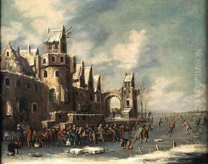 A winter landscape, with skaters and horse-drawn sledges beneath the walls of a town by Thomas Heeremans