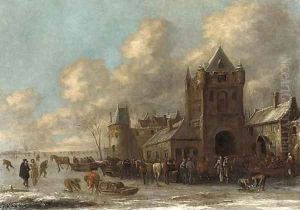 Townsfolk skating and sledging on a frozen moat before a town by Thomas Heeremans