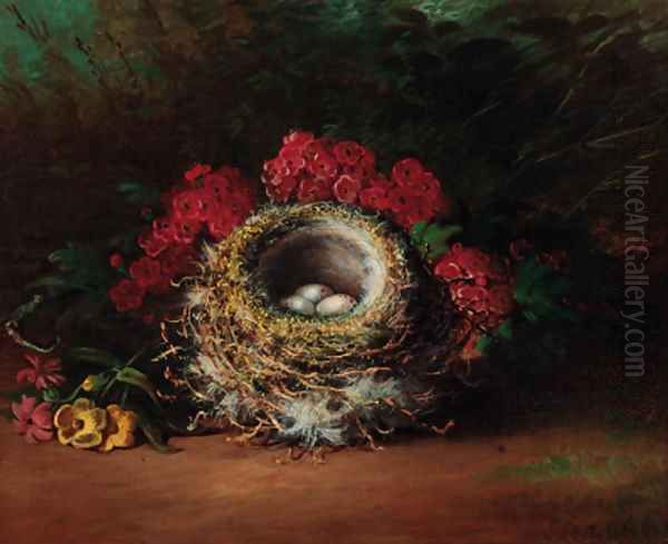 Apple blossom, bird's nests and eggs on a mossy bank - view 1