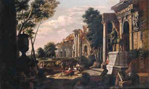 Capriccio's of Roman ruins with beggars meeting tourists and soldiers giving directions to travellers