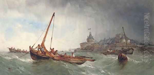 Fishing vessels in a squall off Saint Malo, France - view 1