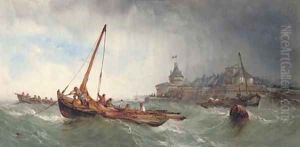 Fishing vessels in a squall off Saint Malo, France by Alfred Herbert