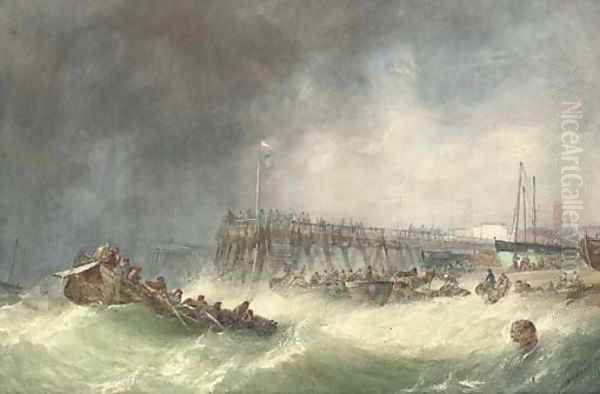 Local craft salvaging wreckage offshore at Great Yarmouth, with townspeople on the beach recovering barrels as bystanders watch from the pier - view 1