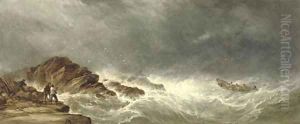 A lifeboat heading out to a ship in distress by Alfred Herbert