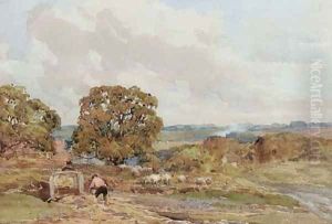 Figures loading a cart in a landscape