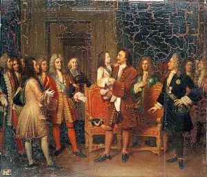 Louis XV 1710-74 Visiting Peter I 1672-1725 the Great at lHotel de Lesdiguieres by Louise Marie Jeanne Hersent